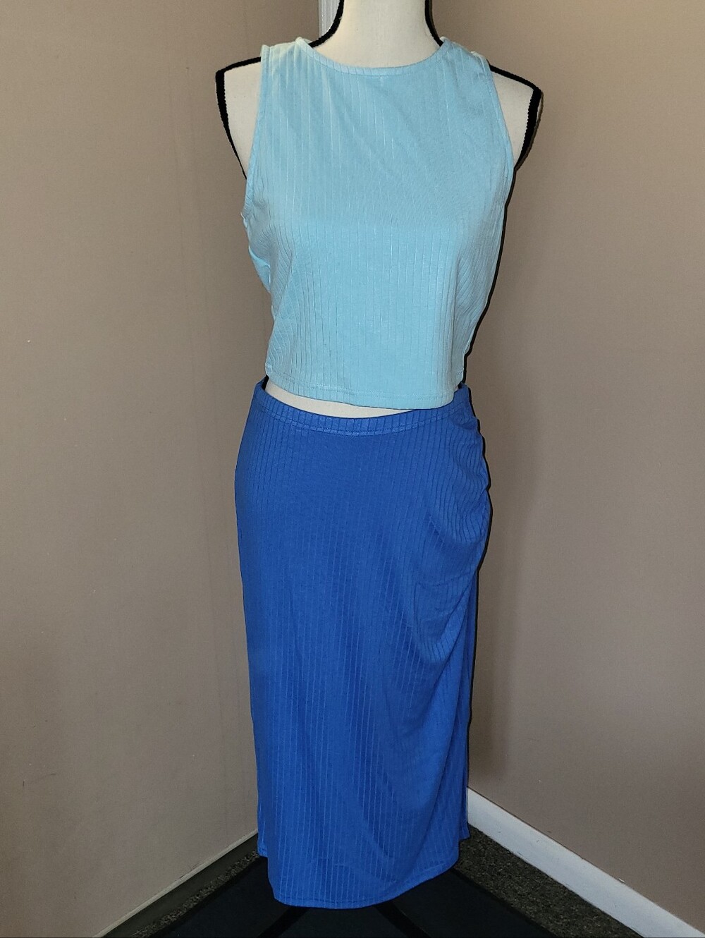 Women's Blue Ribbed Midi Skirt Set- Lightweight Summer Style